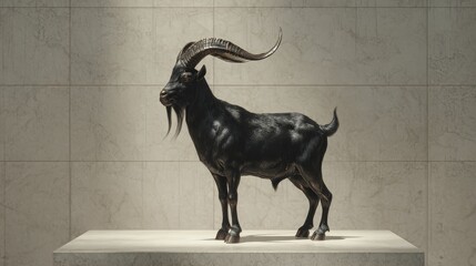 A  black  goat  sculpture  on  a  light  gray  pedestal.