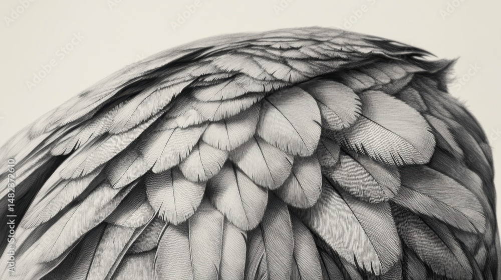 Poster close-up monochrome image of bird's feathers, showcasing intricate detail and texture.