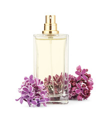 Bottle of luxury perfume and lilac flowers isolated on white