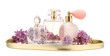 Luxury perfumes and beautiful lilac flowers isolated on white