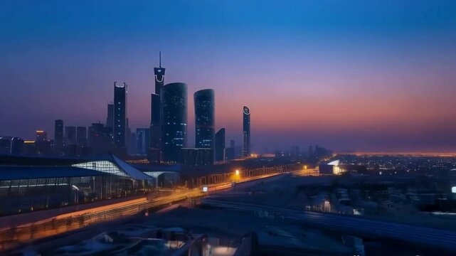 Blue Hour Twilight Over King Abdullah Financial District Skyscrapers in Riyadh, Saudi Arabia, Featuring Cinematic Urban Skyline and Reflective Glass Facades with Serene Desert Backdrop