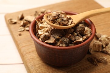 Pieces of dry chicory roots in bowl and spoon on table, closeup