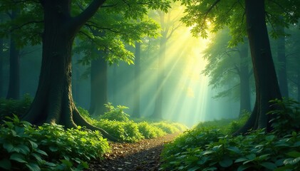 Obraz premium Sunlight dappling through lush forest canopy, creating a magical atmosphere , serene, light, energy