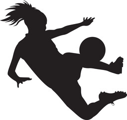 Silhouette Female Footballer jump kicking the Ball Position