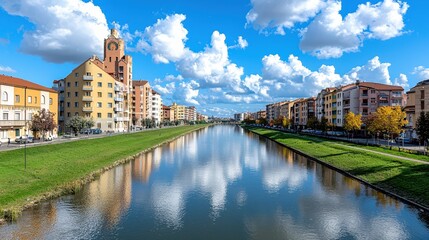 Fototapeta premium Bright Pastel Buildings Reflecting in Calm River Under Sunny Sky