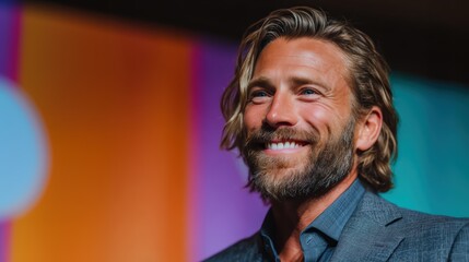 Obraz premium Smiling Man with Stylish Beard and Surfer Hair in Portrait