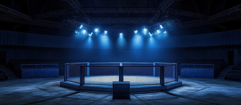 Empty Octagon MMA Cage in Dark Arena Under Bright Lights