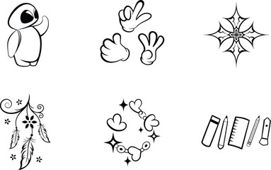 Collection of various black and white doodle style icons and elements