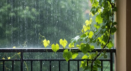 Rainfall over a balcony adorned with vibrant green vines, creating a serene atmosphere