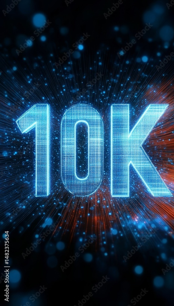 Poster glowing digital 3d number 10k in futuristic style on an abstract technological background.