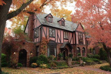 Obraz premium Pink tudor home amidst colorful autumn foliage 