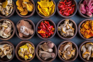Overhead View Of Assorted Spices Herbs And Mushrooms Displayed In Wooden Bowls Against A Dark Background