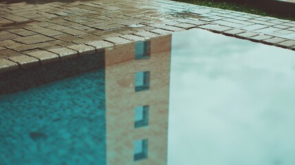 Fototapeta premium Architectural reflection on a tranquil pool surface under muted light