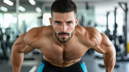 Fototapeta premium A man with a fuller build doing burpees as part of his high-intensity cardio routine at the gym 