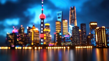 Obraz premium Night cityscape view of illuminated skyscrapers and towers reflected in dark water, colorful lights, urban scene at night.