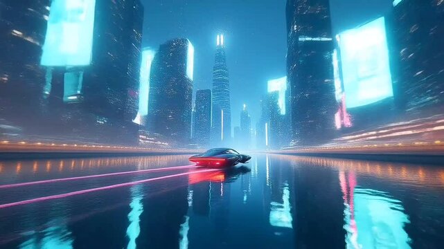 Flying Car Racing Through a Neon Cyber Cityscape