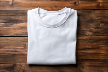 Folded plain white t-shirt with short sleeves on a textured brown wooden surface for apparel mockups and showcasing design