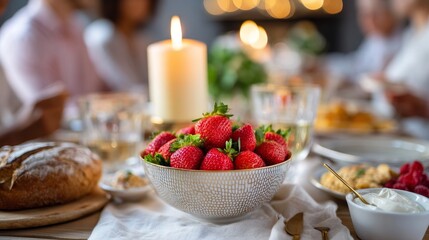 Bowl of fresh strawberries on elegant dining table setting with candle
