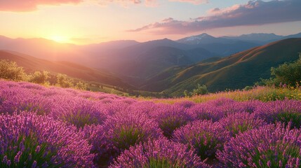 Lavender field with mountains under a sunset sky