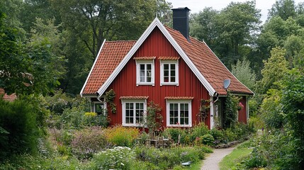 A traditional Swedish red house with white corners and trims, surrounded by a lush garden.