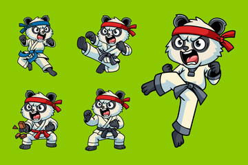 Set of cute cartoon pandas in martial arts poses wearing karate uniforms and headbands. Fun and dynamic illustration perfect for kids, sports, and character design themes