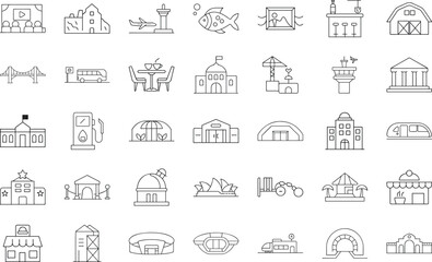 Vector icon set featuring buildings,transportation and tourist attractions line art design