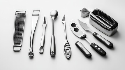 A collection of kitchen tools isolated on a clean surface, including a vegetable peeler, cheese grater, and can opener, essential for any toolkit