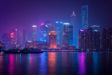 Fototapeta premium Purple city with industrial vibe under full moon night 