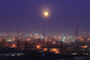 Fototapeta premium Purple industrial cityscape under moonlit night sky 