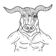 Creature with a bull head with horns and a human body, hand-drawn cartoon.