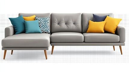 Grey sectional sofa with colorful cushions and wooden legs on transparent background