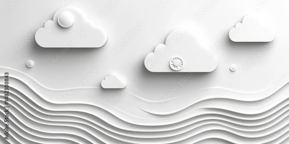Poster 3d white minimalistic background, soft clouds and waves. elegant abstract design for delicate feel.