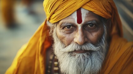 Portrait of an Indian Sadhu with Traditional Turban and Forehead Mark
