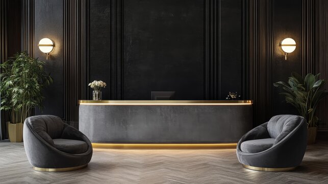 An elegant and sophisticated hotel reception space with a grand front desk, plush seating, and soft ambient lighting, creating a luxurious atmosphere for guests to feel welcome.