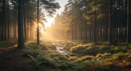 Obraz premium Serene Forest Scene with Sunlight Filtering Through Trees and Stream Flowing