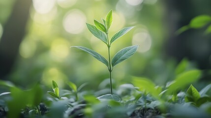 Upward view of a young sapling growing amongst green foliage in natural light