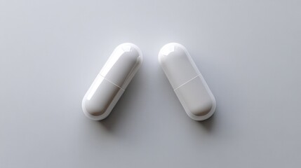 Pair of White Capsule Pills on Neutral Gray Background for Medication or Healthcare