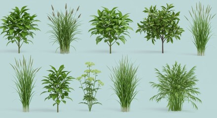 Various types of lush green plants and grasses arranged in a neat layout