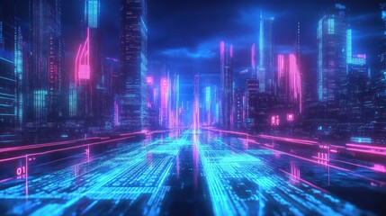 Futuristic city street at night