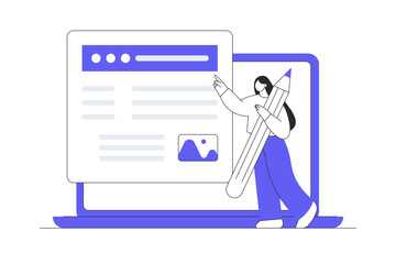 Creative woman hold pencil publishing content and writing article online on website in laptop screen writer blogger advertising freelance journalist. Flat Cartoon Vector Illustration, icon. Stylish 