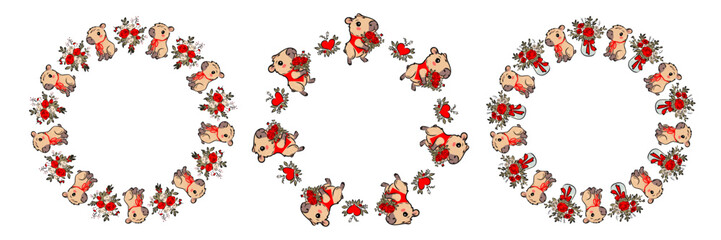 Round frame with capybaras in a wonderful style, wreath, card. Hearts, flowers in a minimalist style. Geometric flower. Vector illustration. Bright retro hearts.