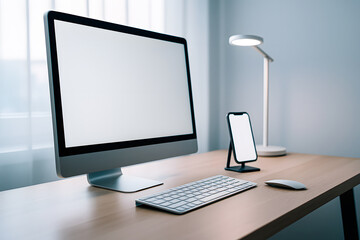 Fototapeta premium Minimalist desktop with computer, phone and lamp