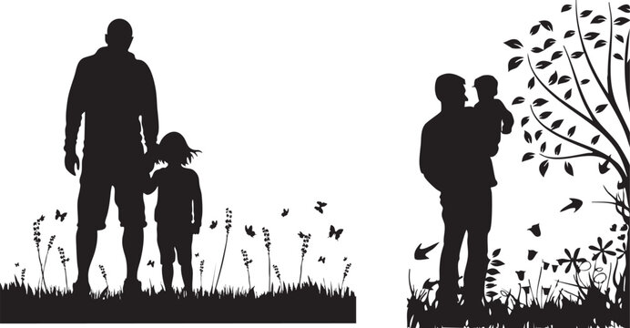 silhouette of father walking in the park. vector silhouettes, outline silhouettes of father's day, contour drawing, people silhouette, icon set isolated, silhouette of sitting people, 
