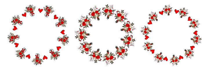 Round frame with capybaras in a wonderful style, wreath, card. Hearts, flowers in a minimalist style. Geometric flower. Vector illustration. Bright retro hearts.