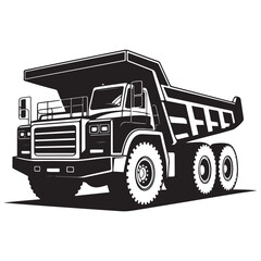 Bold monochrome illustration of a heavy duty dump truck, Vector black silhouette. with white background