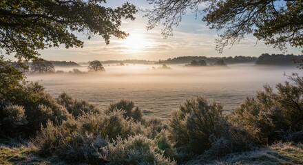 Misty morning landscape with sun rising over a tranquil field and trees