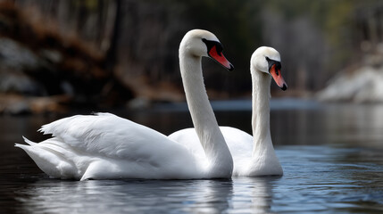 Fototapeta premium Two elegant swans gracefully gliding on the serene water surface today