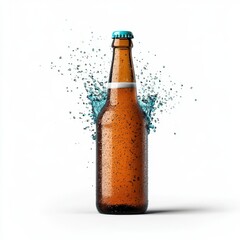 Amber Glass Beer Bottle with Teal Cap and Liquid Burst