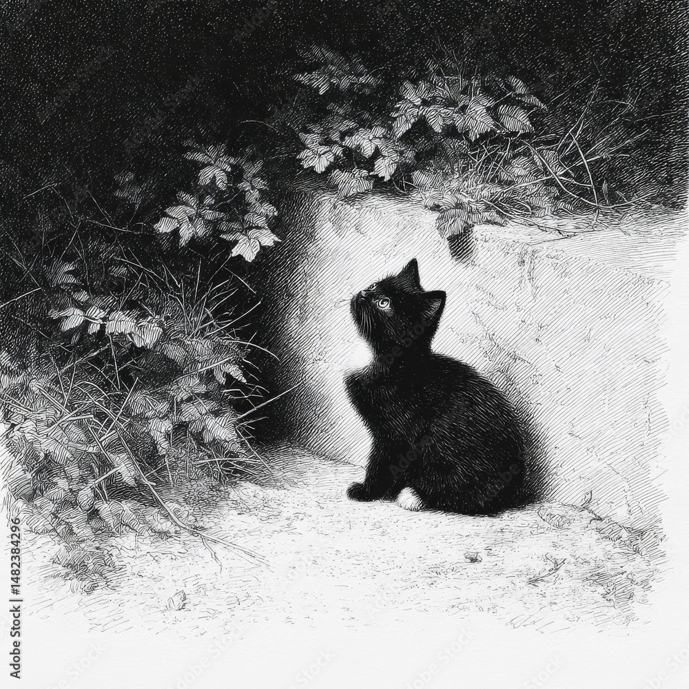 Poster black kitten's curious gaze: a feline wondering beneath the foliage, illuminated by soft light and s