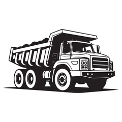 Bold monochrome illustration of a heavy duty dump truck, Vector black silhouette. with white background